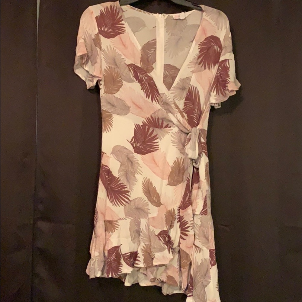White & Maroon wrap dress with leaf pattern
